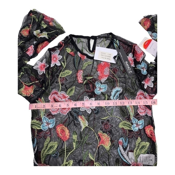 Piano C Top Shirt S Black Sheer Flower Embroidered Bell Sleeve NWT Whimsigoth - Picture 10 of 12